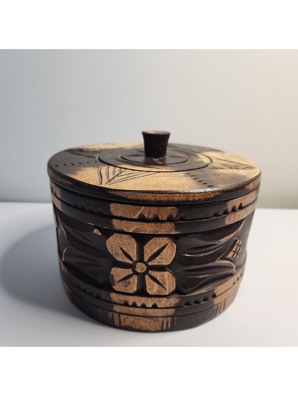 Vintage carved wooden lidded bowl
